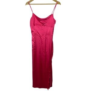 NIA Hot Pink Satin Corset Midi Slip Dress Spaghetti Strap Slit XS